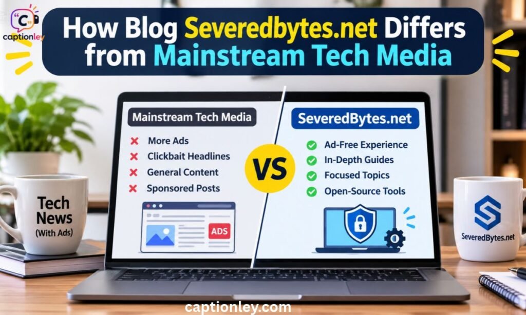 create realistic image about this heading "How Blog Severedbytes.net Differs from Mainstream Tech Media"
image size 16:9