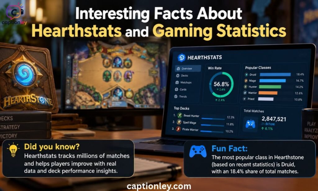 create realistic image about this heading "Interesting Facts About Hearthstats and Gaming Statistics"
also add 1 to 2 caption in the image captions should be clearly  readable 
image size 16:9