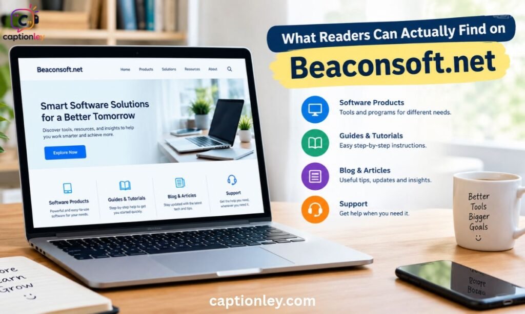 create realistic image about this heading "What Readers Can Actually Find on Beaconsoft.net"
image size 16:9